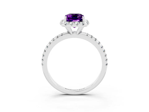 White gold Emerald Cut Halo Round Diamond Pavé Band Four-Prong Ring_3