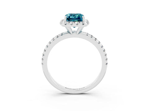 White gold Emerald Cut Halo Round Diamond Pavé Band Four-Prong Ring_3