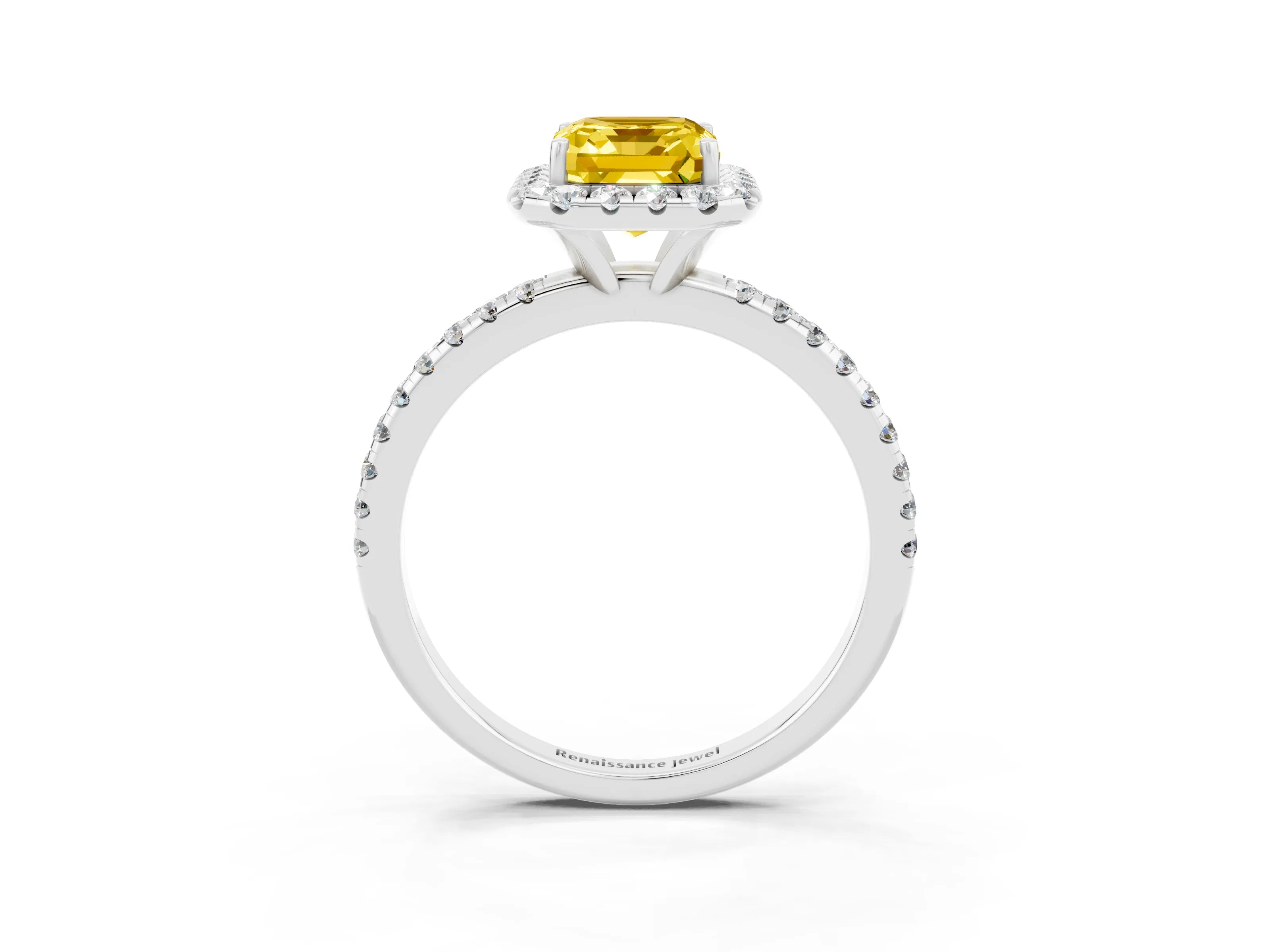 White gold Emerald Cut Halo Round Diamond Pavé Band Four-Prong Ring_3
