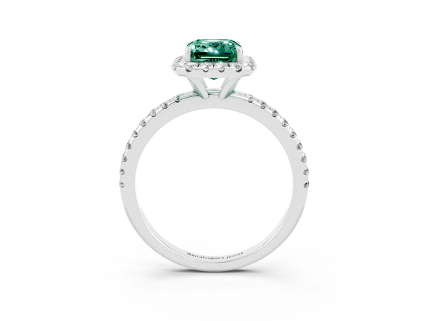 Platinum Emerald Cut Green Sapphire Halo Ring with Round Pavé Band and Prong Setting