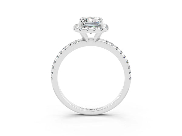 Platinum Emerald Cut Moissanite Halo Ring with Round Pavé Band and Prong Setting