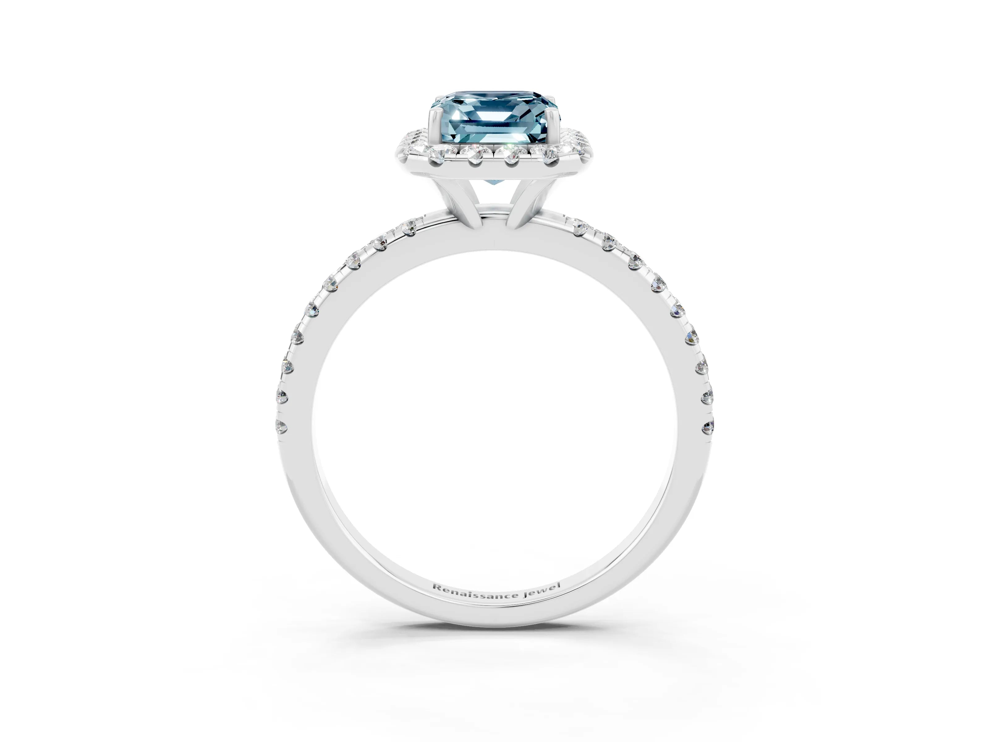 White gold Emerald Cut Halo Round Diamond Pavé Band Four-Prong Ring_3