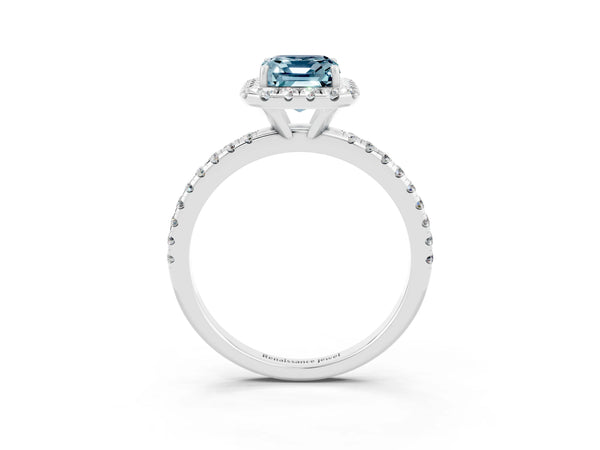 White gold Emerald Cut Aquamarine Halo Ring with Round Pavé Band and Prong Setting