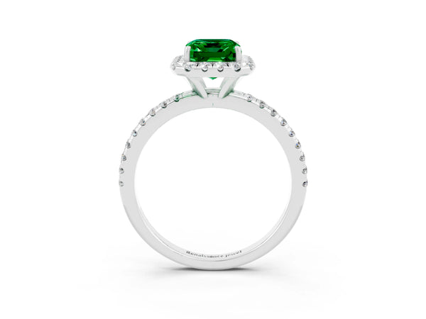 Platinum Emerald Cut Emerald Halo Ring with Round Pavé Band and Prong Setting