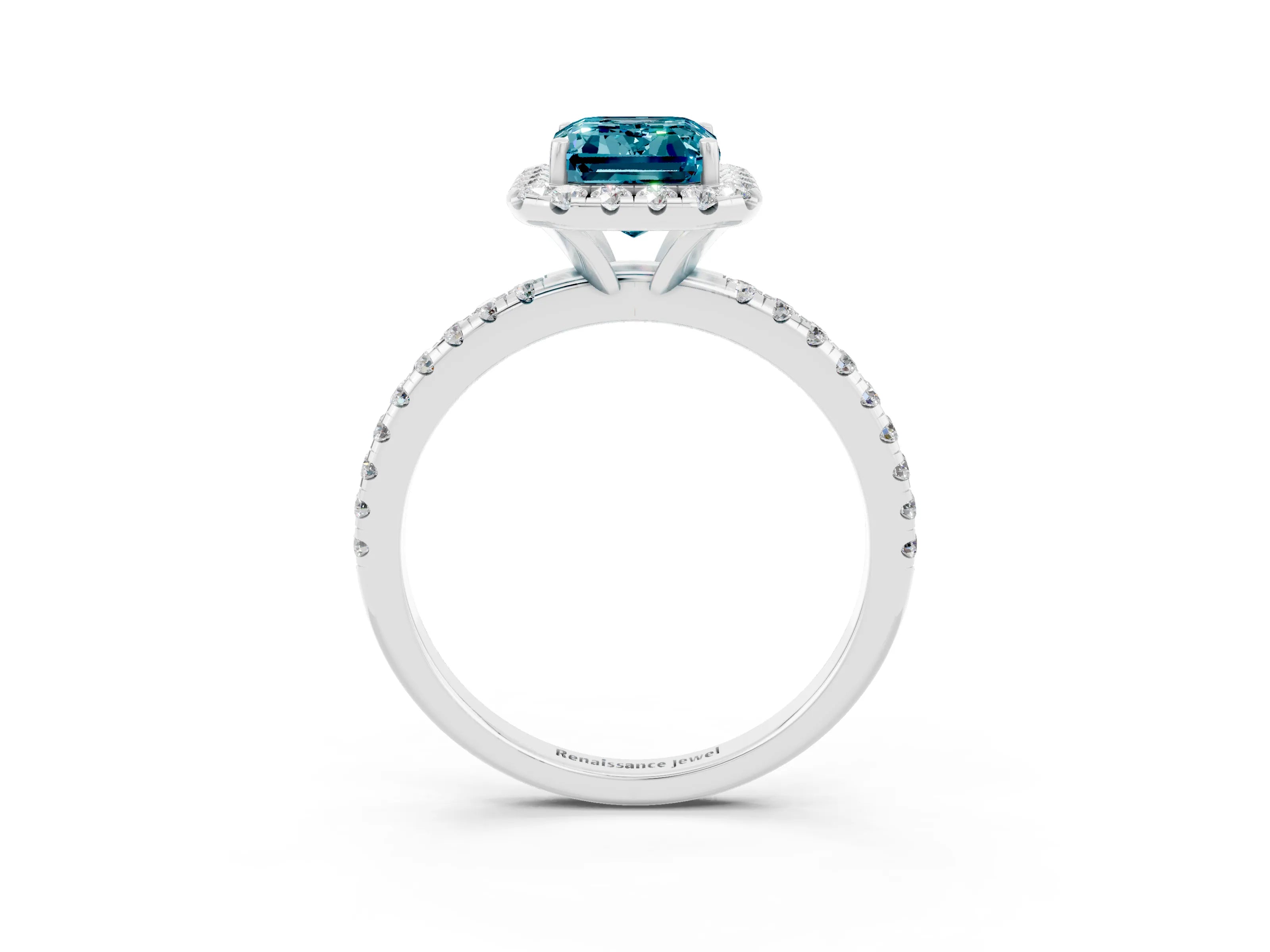 White gold Emerald Cut Halo Round Diamond Pavé Band Four-Prong Ring_3