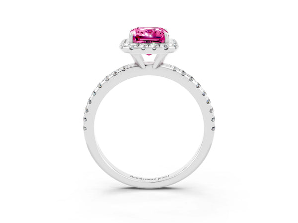 White gold Emerald Cut Pink Sapphire Halo Ring with Round Pavé Band and Prong Setting