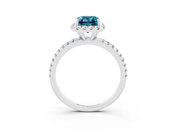 Platinum Emerald Cut Halo Round Diamond Pavé Band Four-Prong Ring