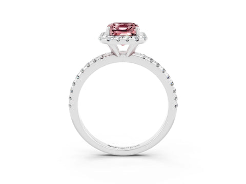 White gold Emerald Cut Halo Round Diamond Pavé Band Four-Prong Ring_3