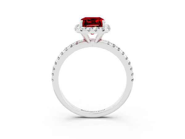 White gold Emerald Cut Halo Round Diamond Pavé Band Four-Prong Ring