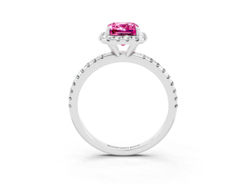 White gold Emerald Cut Halo Round Diamond Pavé Band Four-Prong Ring_3