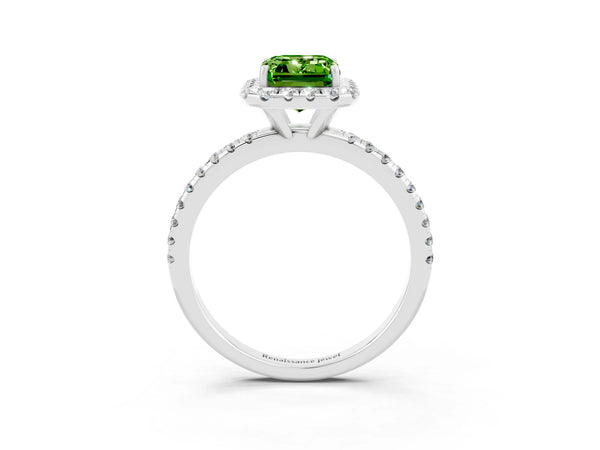 Platinum Emerald Cut Halo Round Diamond Pavé Band Four-Prong Ring