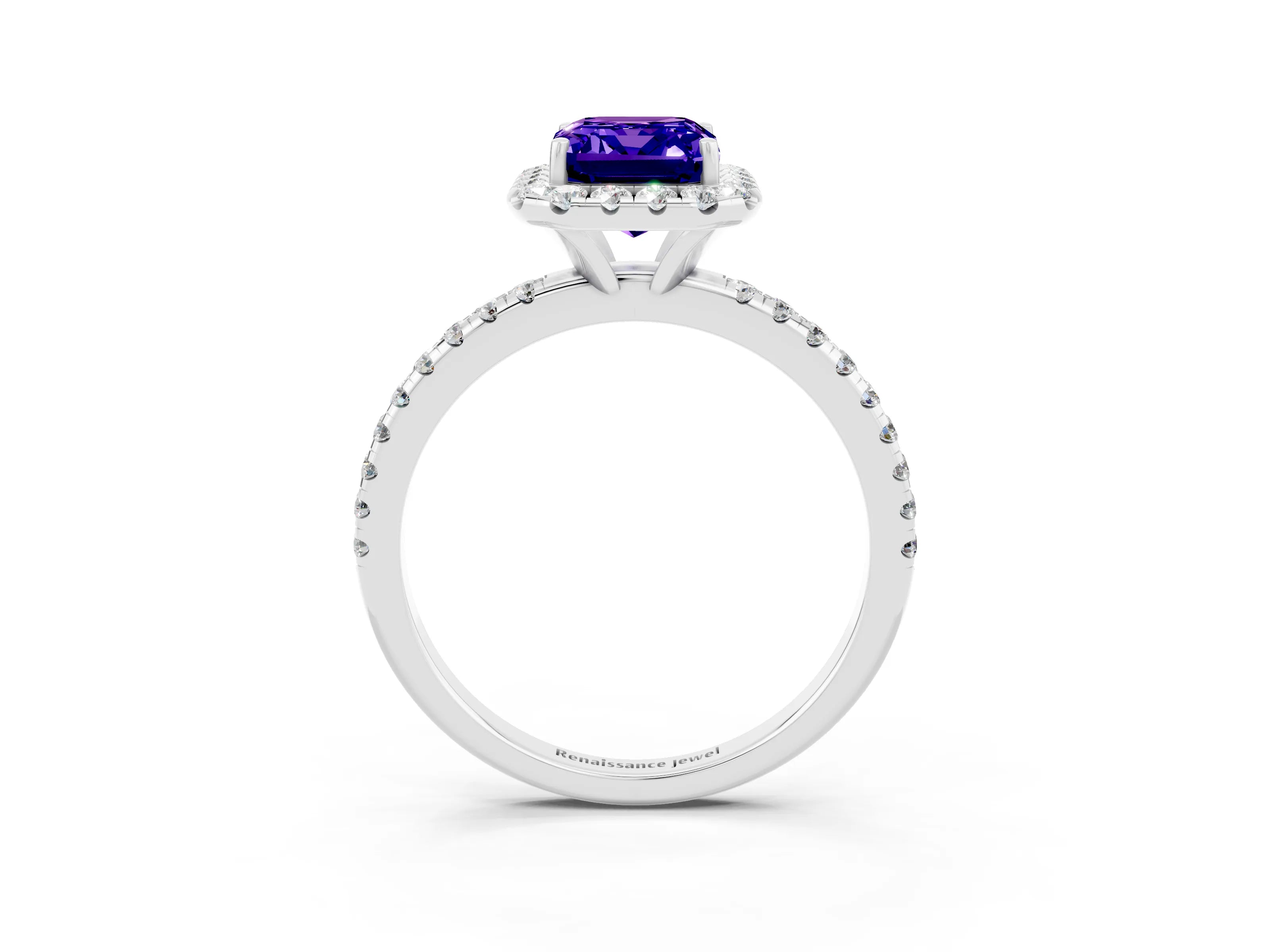 White gold Emerald Cut Halo Round Diamond Pavé Band Four-Prong Ring_3