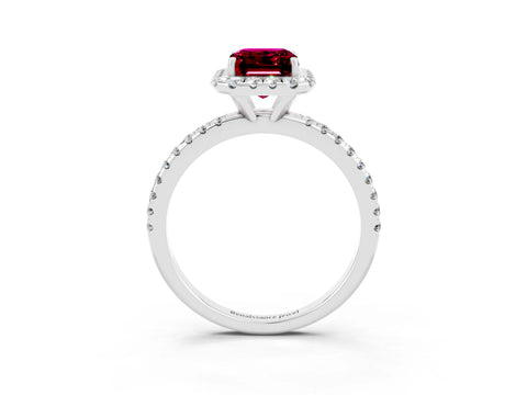 White gold Emerald Cut Halo Round Diamond Pavé Band Four-Prong Ring_3