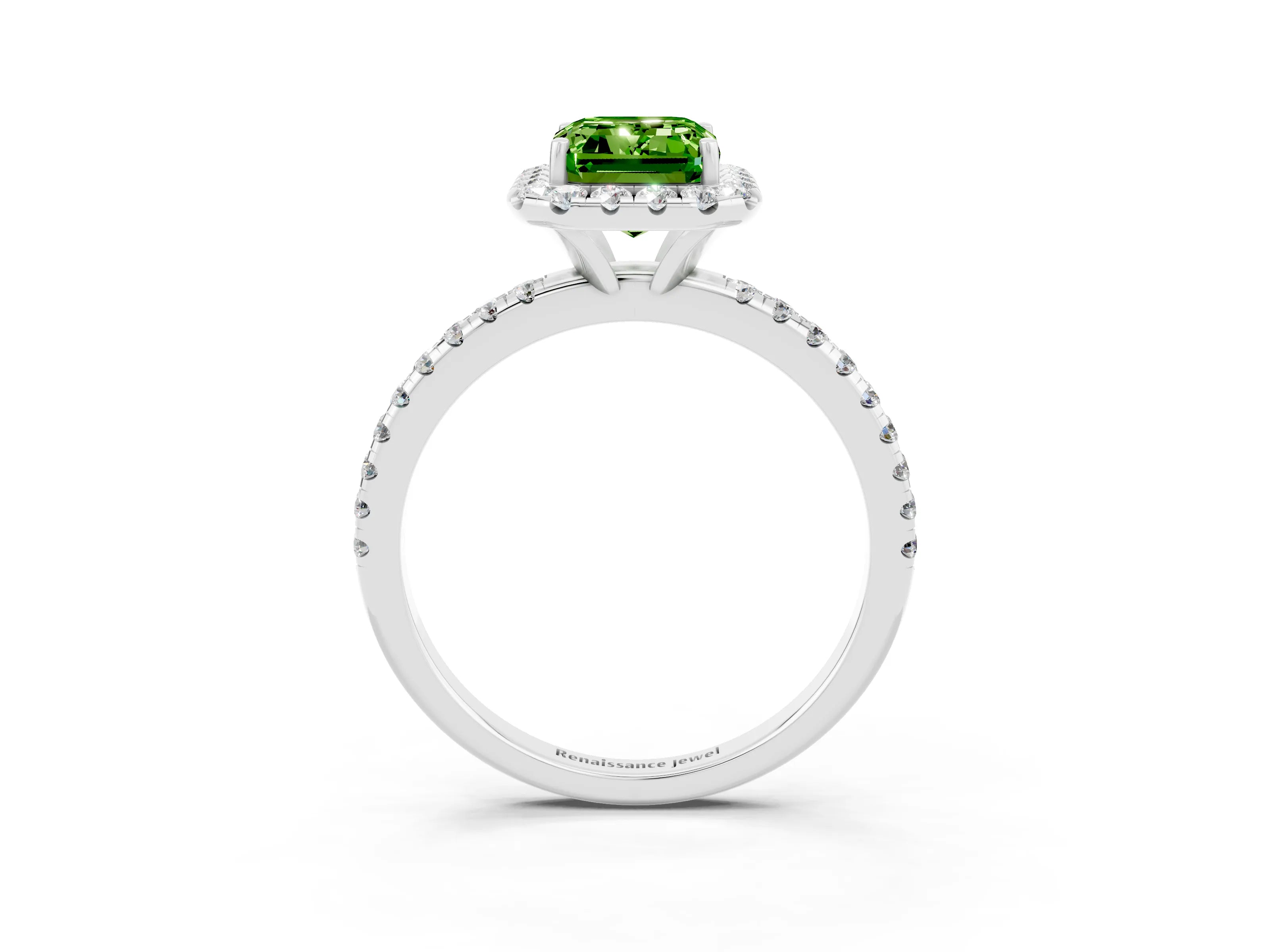 White gold Emerald Cut Halo Round Diamond Pavé Band Four-Prong Ring_3