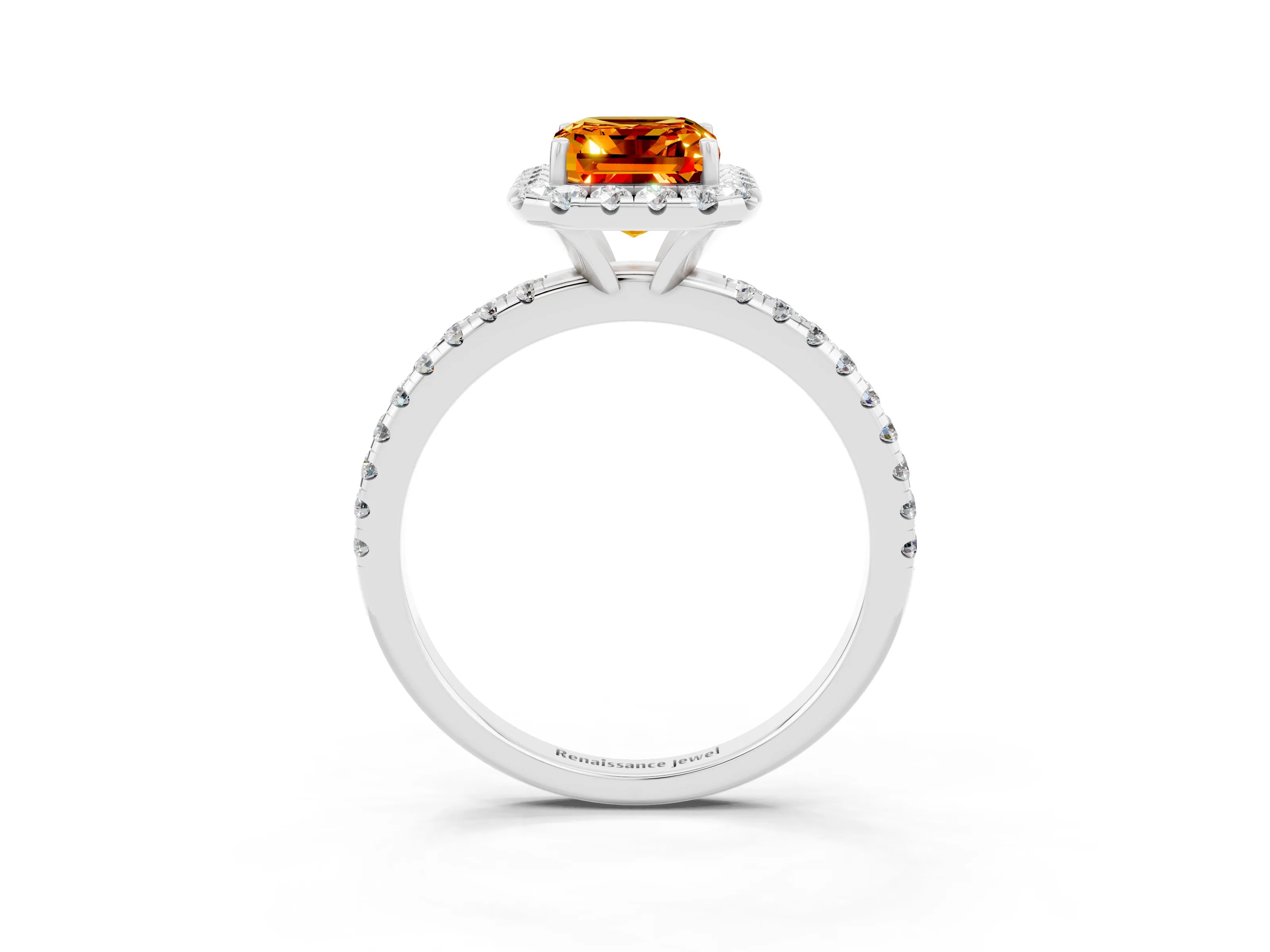 White gold Emerald Cut Halo Round Diamond Pavé Band Four-Prong Ring_3