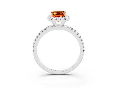 White gold Emerald Cut Halo Round Diamond Pavé Band Four-Prong Ring_3