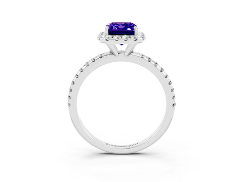 White gold Emerald Cut Halo Round Diamond Pavé Band Four-Prong Ring_3