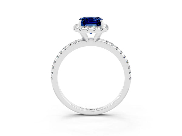 Platinum Emerald Cut Blue Sapphire Halo Ring with Round Pavé Band and Prong Setting