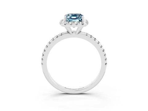 White gold Emerald Cut Halo Round Diamond Pavé Band Four-Prong Ring_3