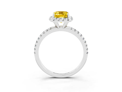 White gold Emerald Cut Halo Round Diamond Pavé Band Four-Prong Ring_3
