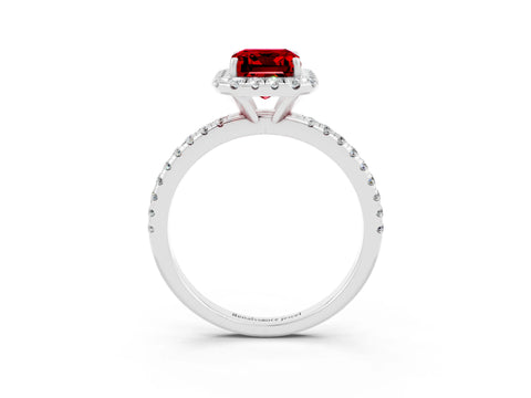 White gold Emerald Cut Halo Round Diamond Pavé Band Four-Prong Ring_3
