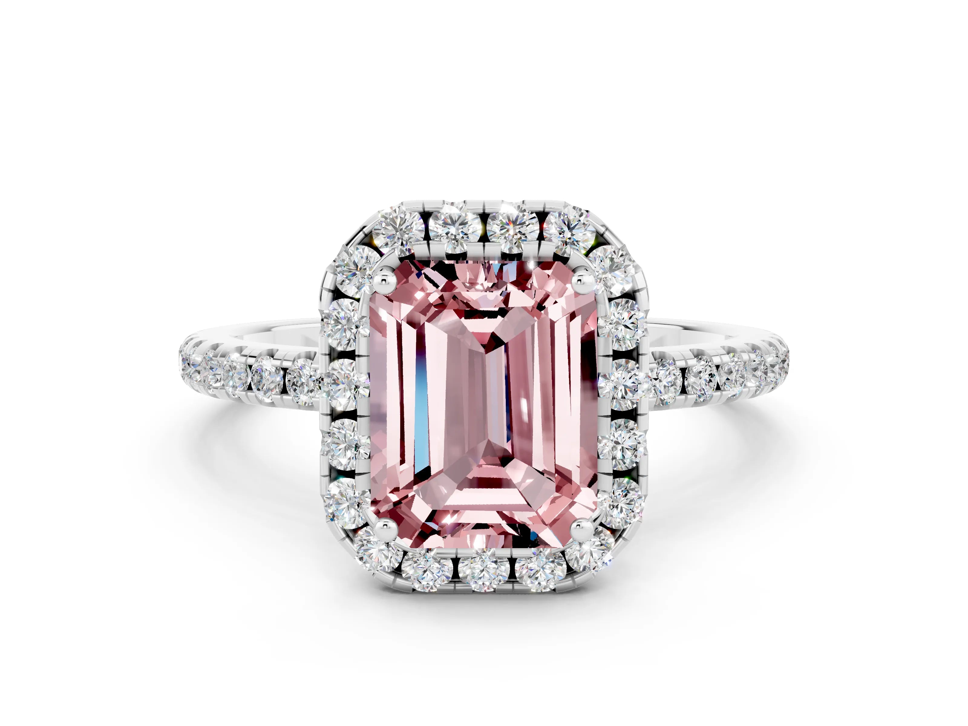 White gold Emerald Cut Halo Round Diamond Pavé Band Four-Prong Ring
