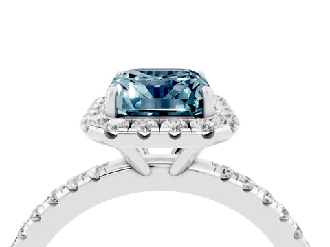 White gold Emerald Cut Halo Round Diamond Pavé Band Four-Prong Ring_4