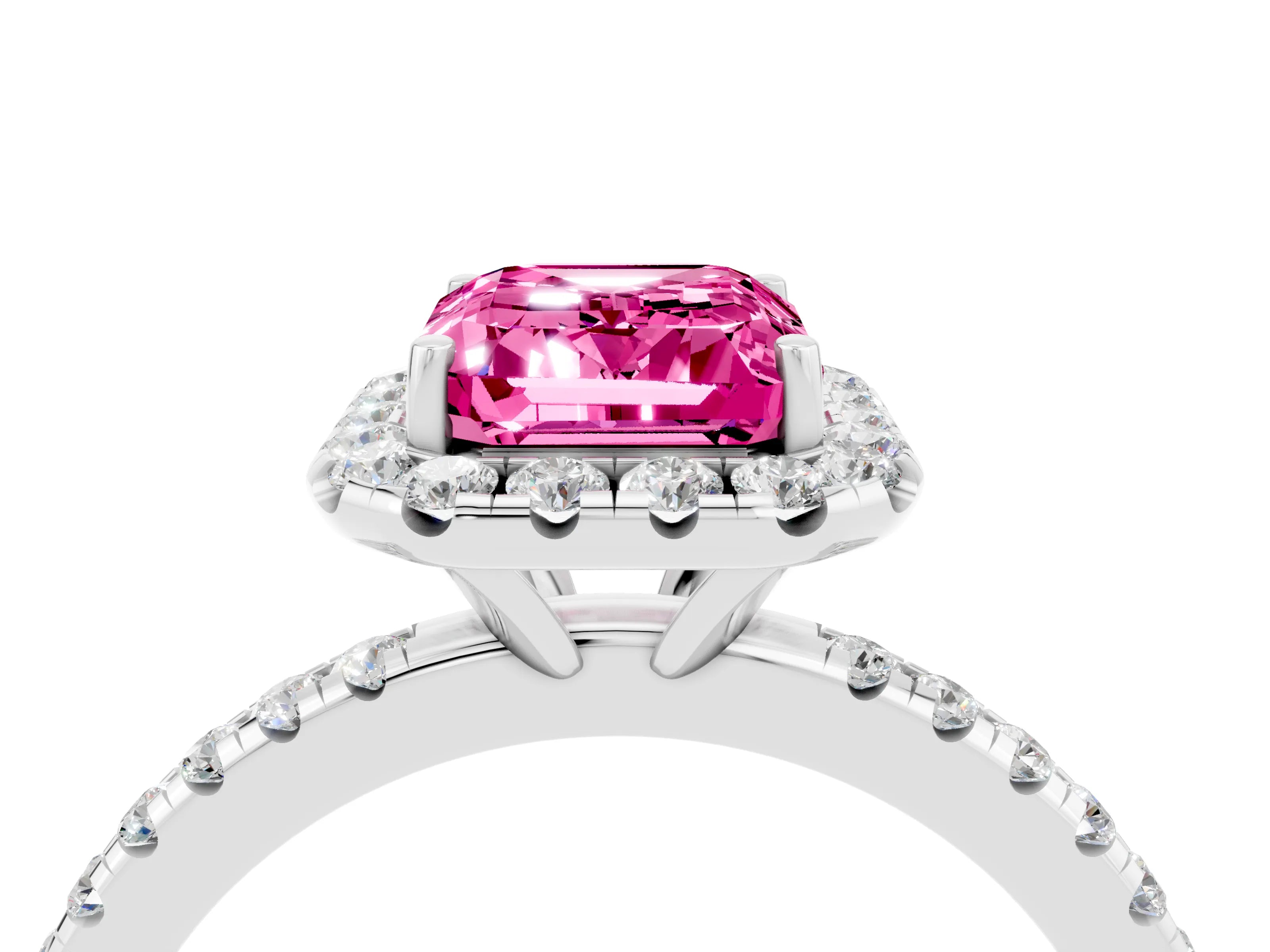 White gold Emerald Cut Halo Round Diamond Pavé Band Four-Prong Ring_4