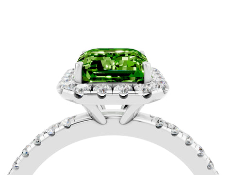 White gold Emerald Cut Halo Round Diamond Pavé Band Four-Prong Ring_4