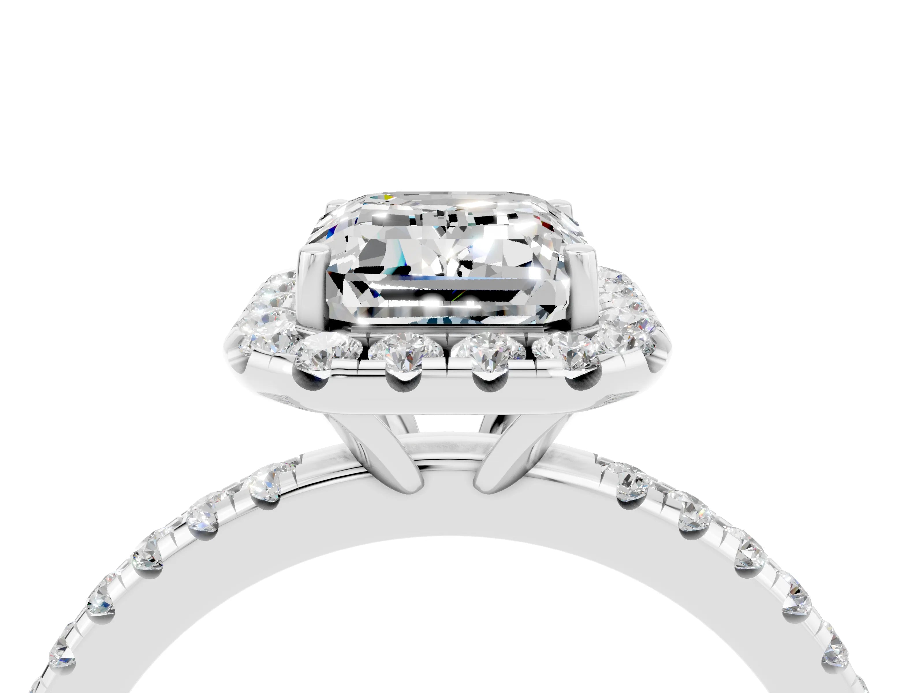 White gold Emerald Cut Halo Round Diamond Pavé Band Four-Prong Ring_4