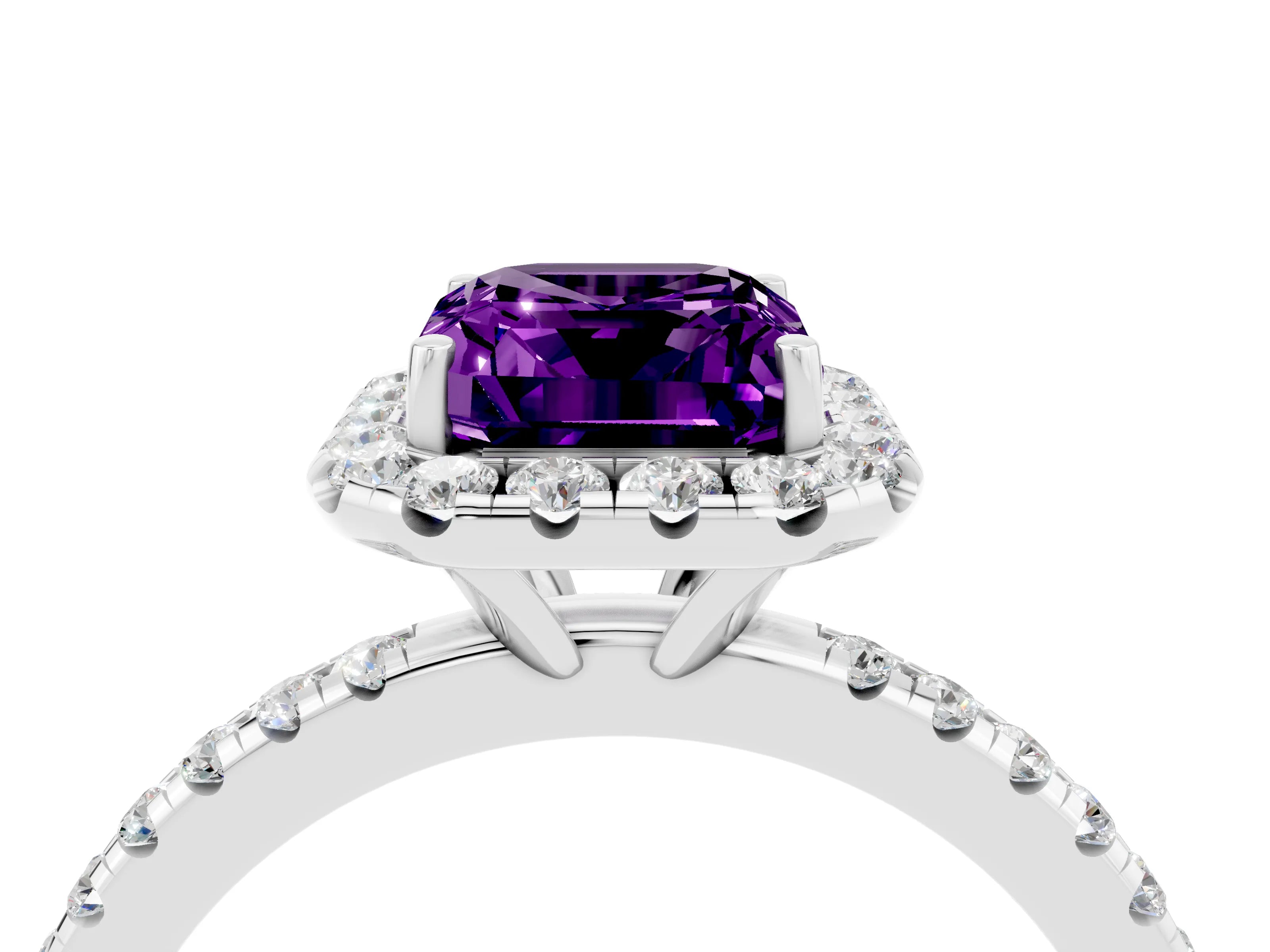 White gold Emerald Cut Halo Round Diamond Pavé Band Four-Prong Ring_4