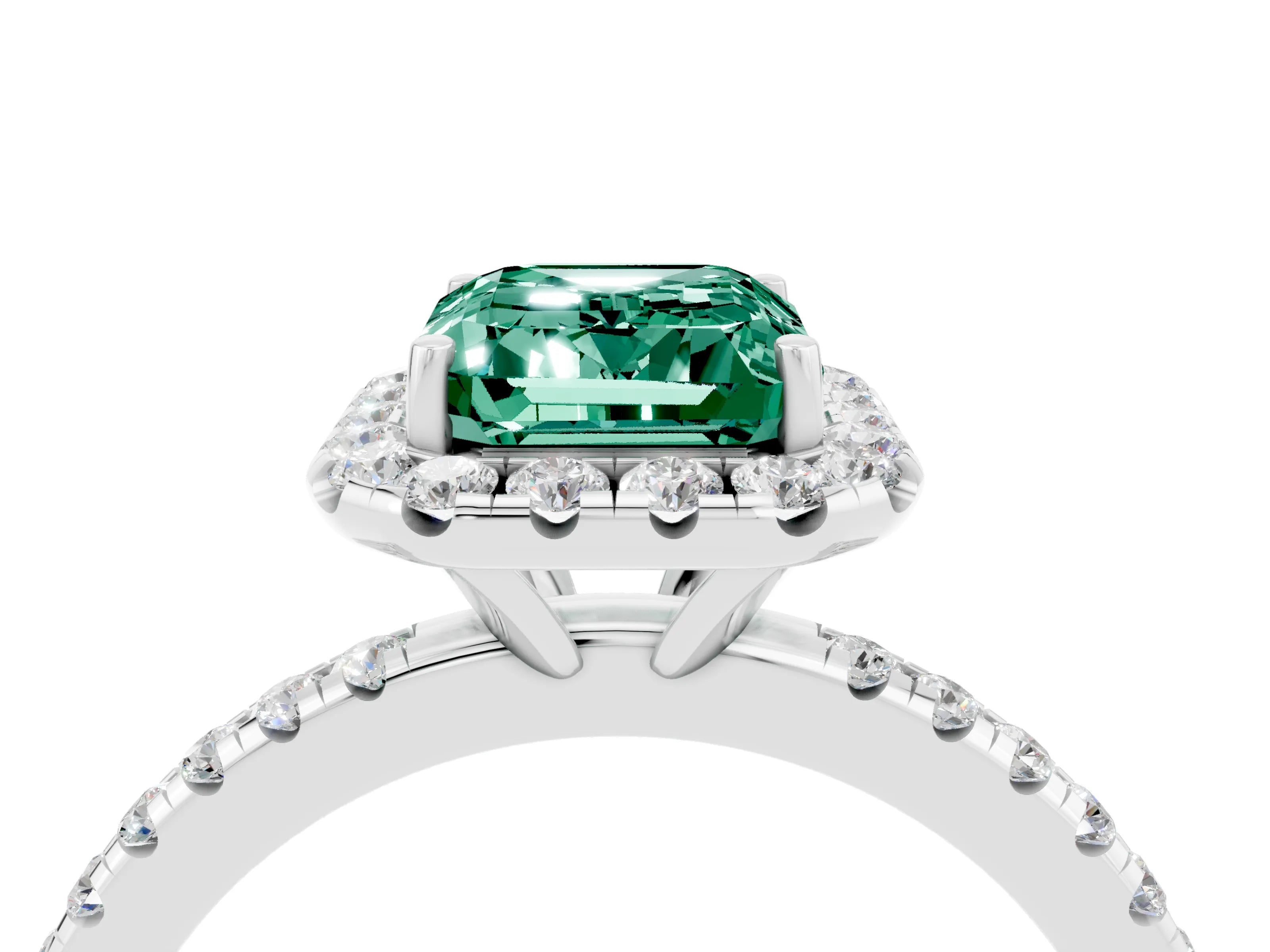 White gold Emerald Cut Halo Round Diamond Pavé Band Four-Prong Ring_4