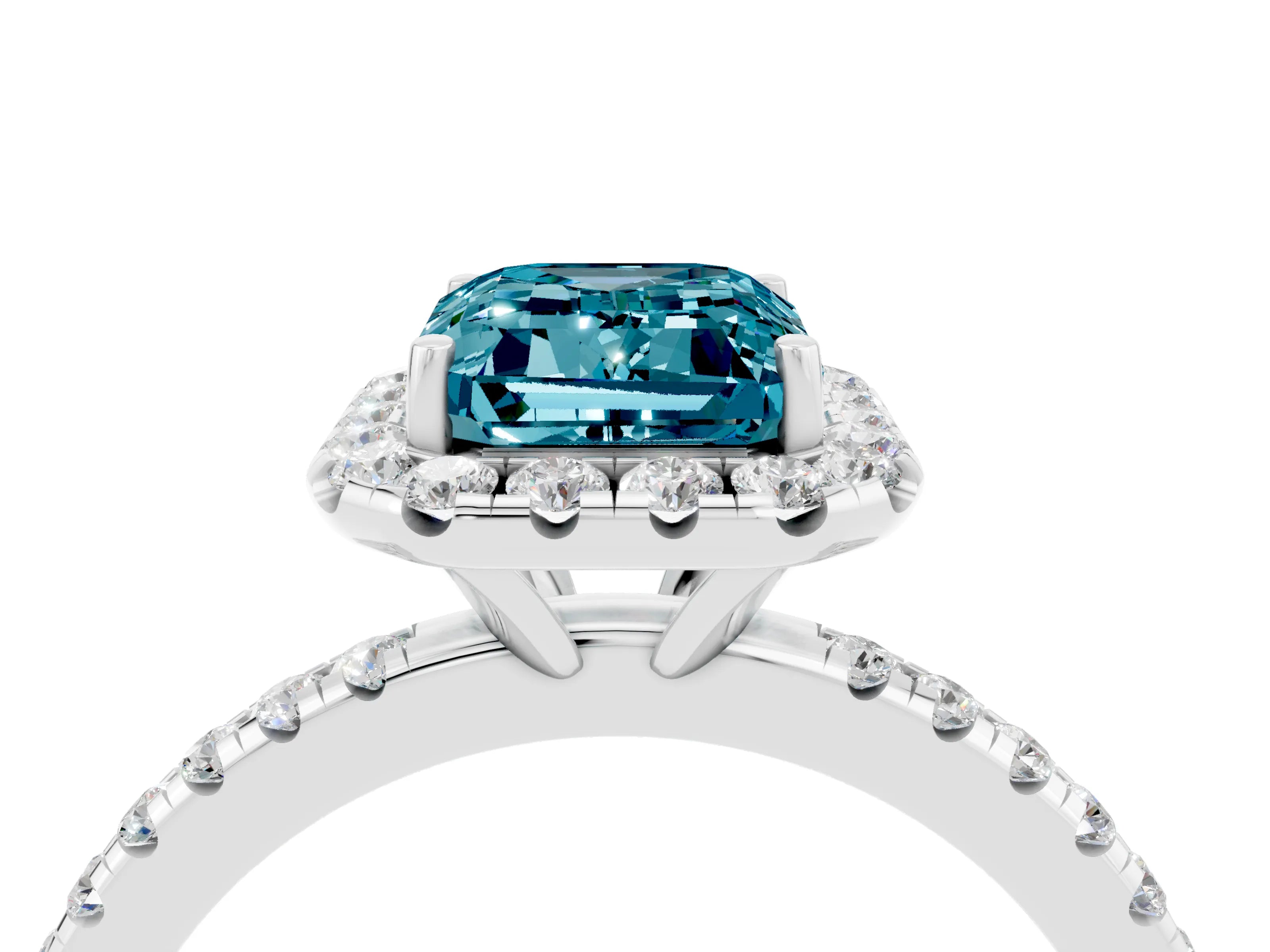White gold Emerald Cut Halo Round Diamond Pavé Band Four-Prong Ring_4