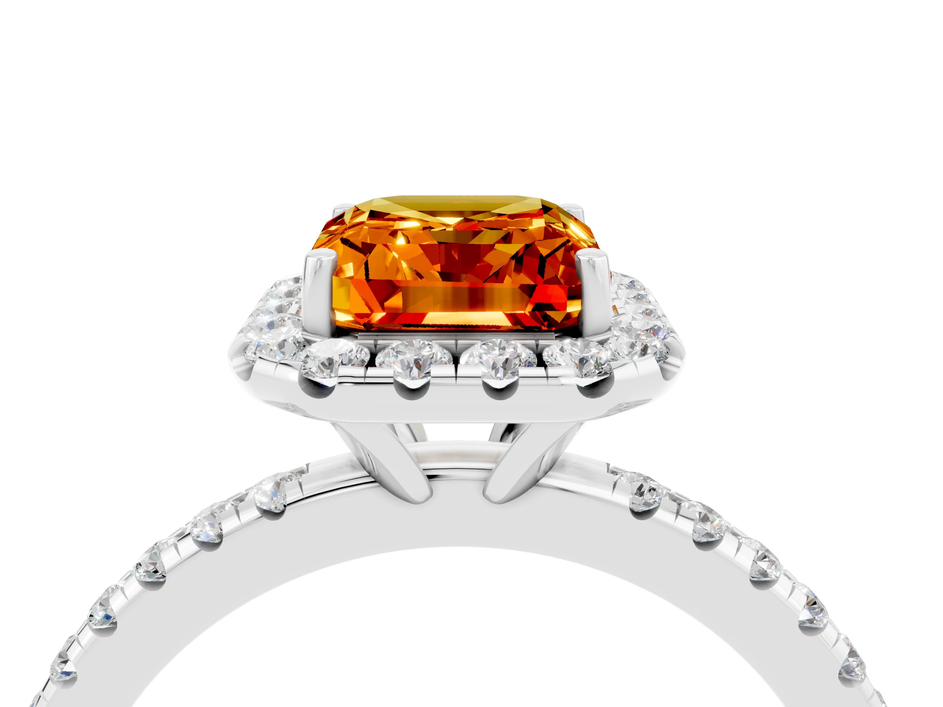 White gold Emerald Cut Halo Round Diamond Pavé Band Four-Prong Ring_4
