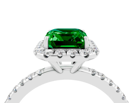White gold Emerald Cut Halo Round Diamond Pavé Band Four-Prong Ring_4