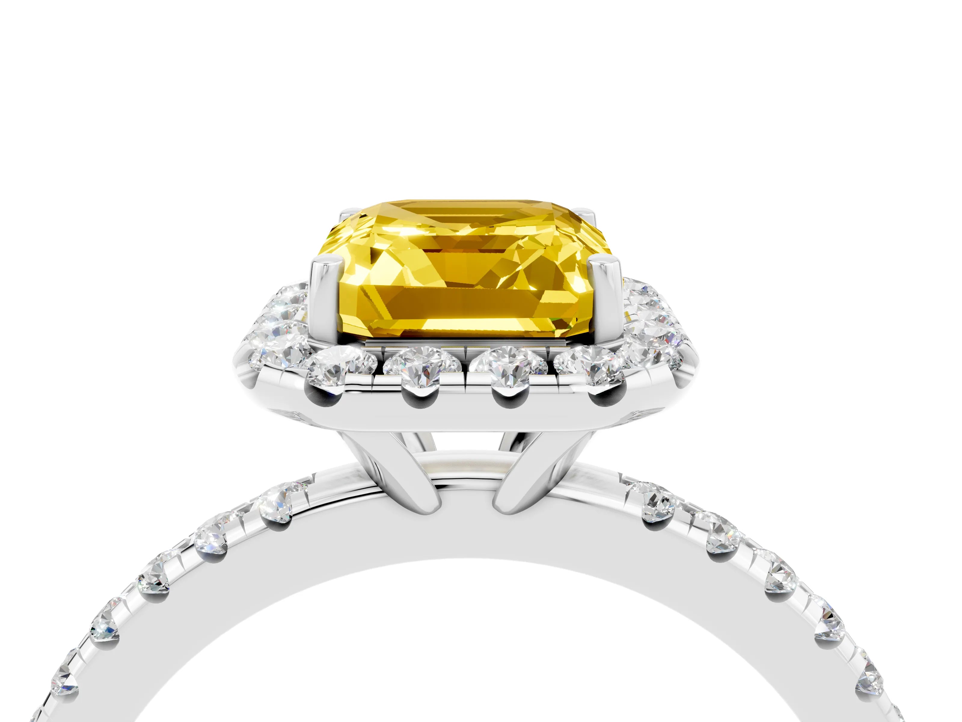 White gold Emerald Cut Halo Round Diamond Pavé Band Four-Prong Ring_4