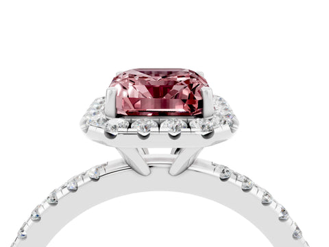 White gold Emerald Cut Halo Round Diamond Pavé Band Four-Prong Ring_4