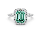 White gold Emerald Cut Halo Round Diamond Pavé Band Four-Prong Ring