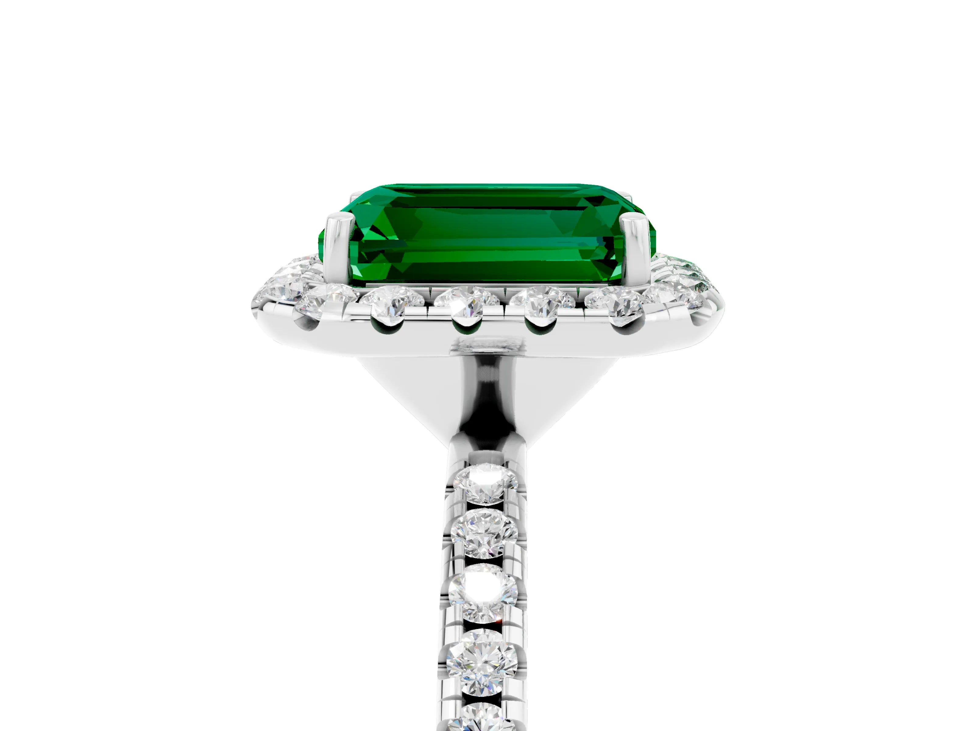 White gold Emerald Cut Halo Round Diamond Pavé Band Four-Prong Ring_5