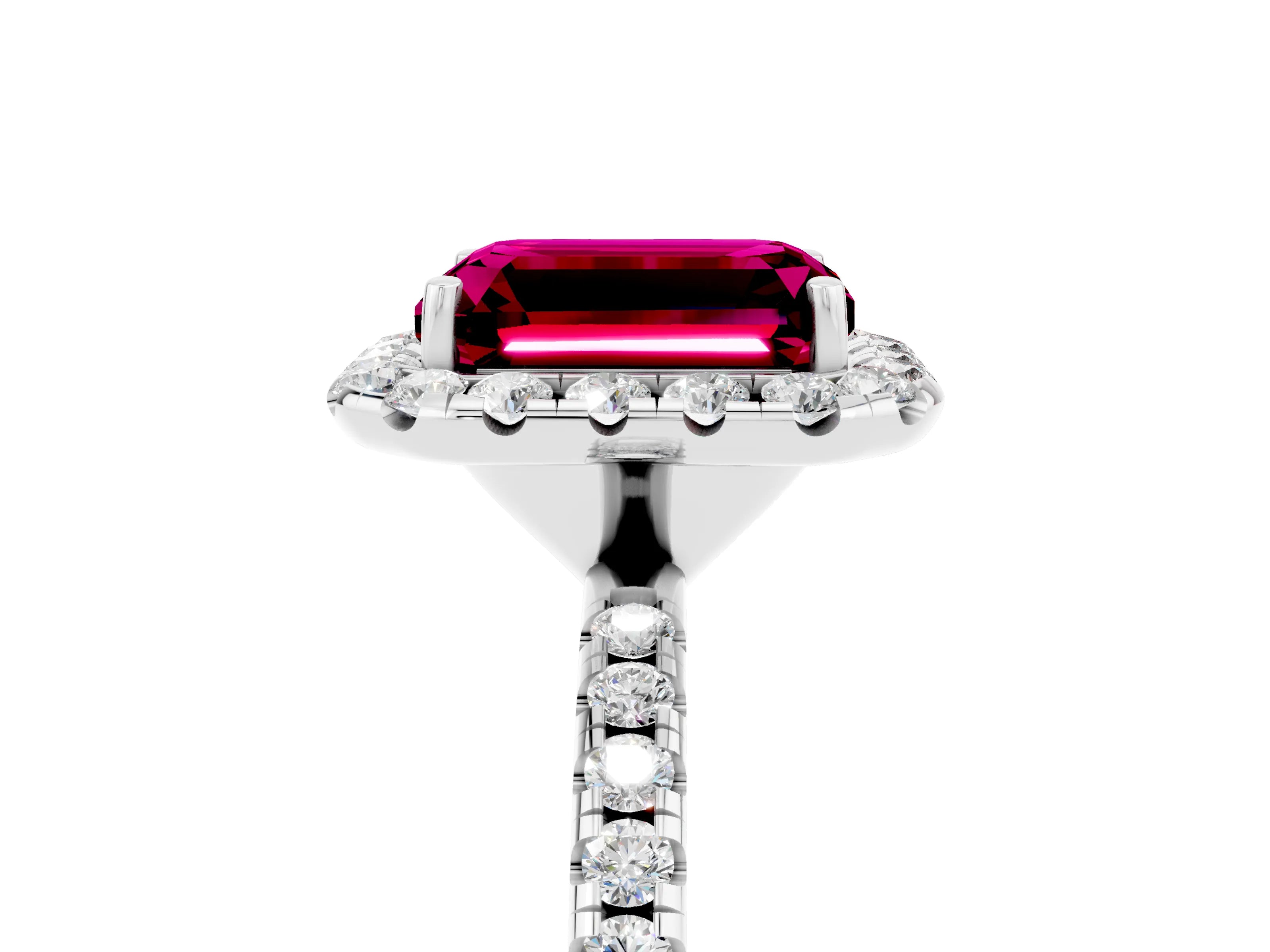White gold Emerald Cut Halo Round Diamond Pavé Band Four-Prong Ring_5