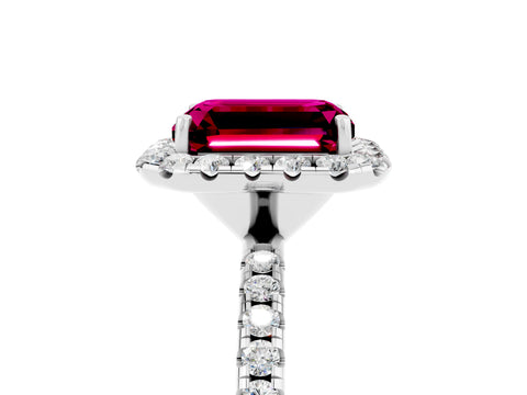 White gold Emerald Cut Halo Round Diamond Pavé Band Four-Prong Ring_5