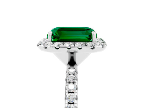 White gold Emerald Cut Halo Round Diamond Pavé Band Four-Prong Ring_5
