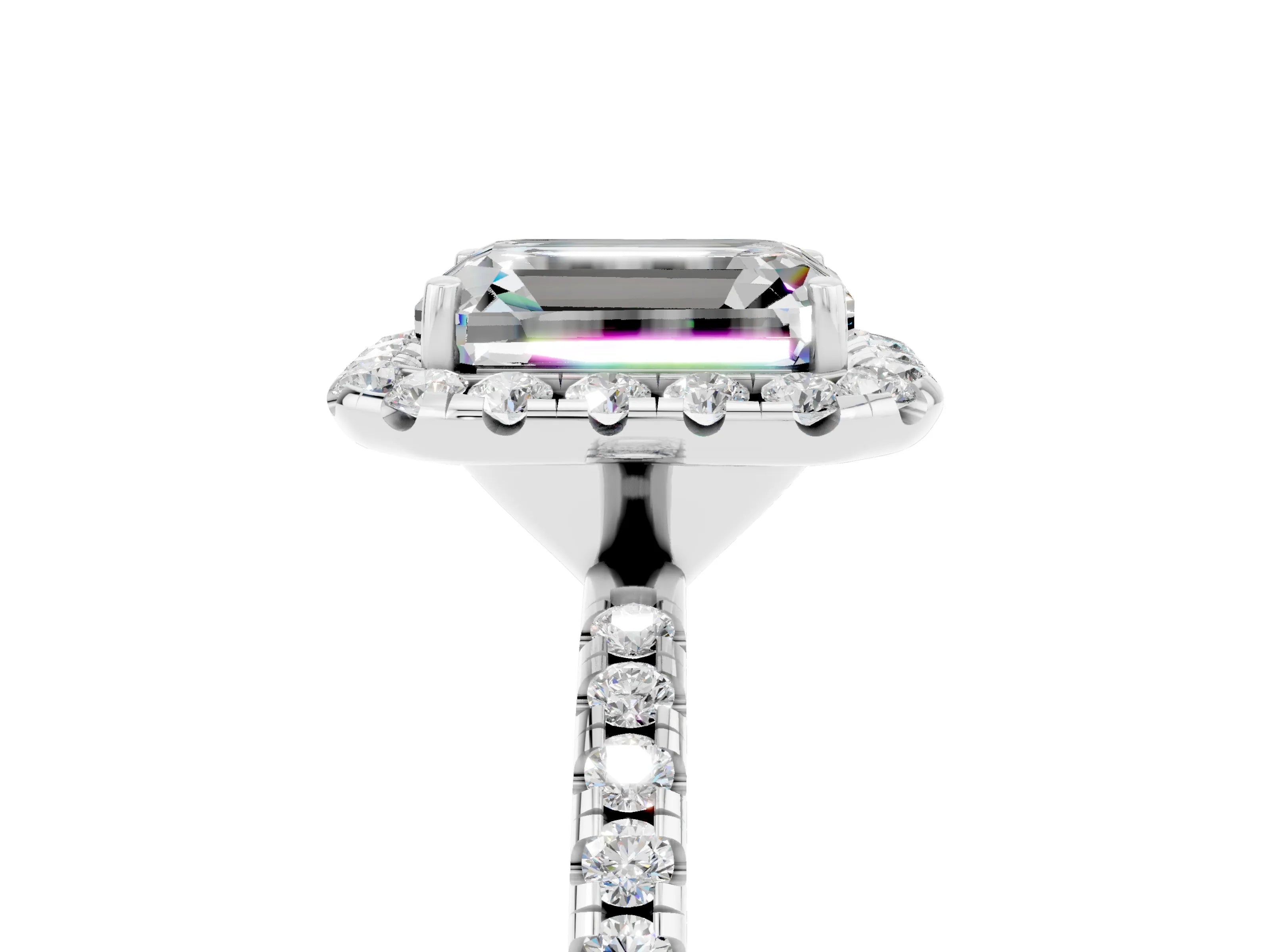White gold Emerald Cut Halo Round Diamond Pavé Band Four-Prong Ring_5