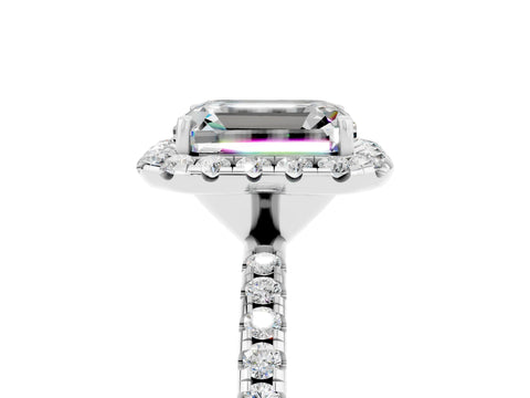 White gold Emerald Cut Halo Round Diamond Pavé Band Four-Prong Ring_5