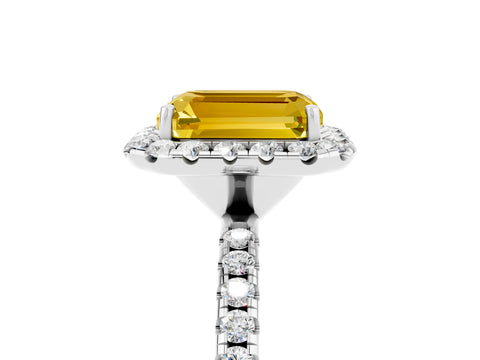 White gold Emerald Cut Halo Round Diamond Pavé Band Four-Prong Ring_5