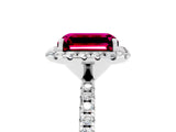 White gold Emerald Cut Halo Round Diamond Pavé Band Four-Prong Ring_5