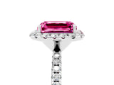 White gold Emerald Cut Halo Round Diamond Pavé Band Four-Prong Ring_5