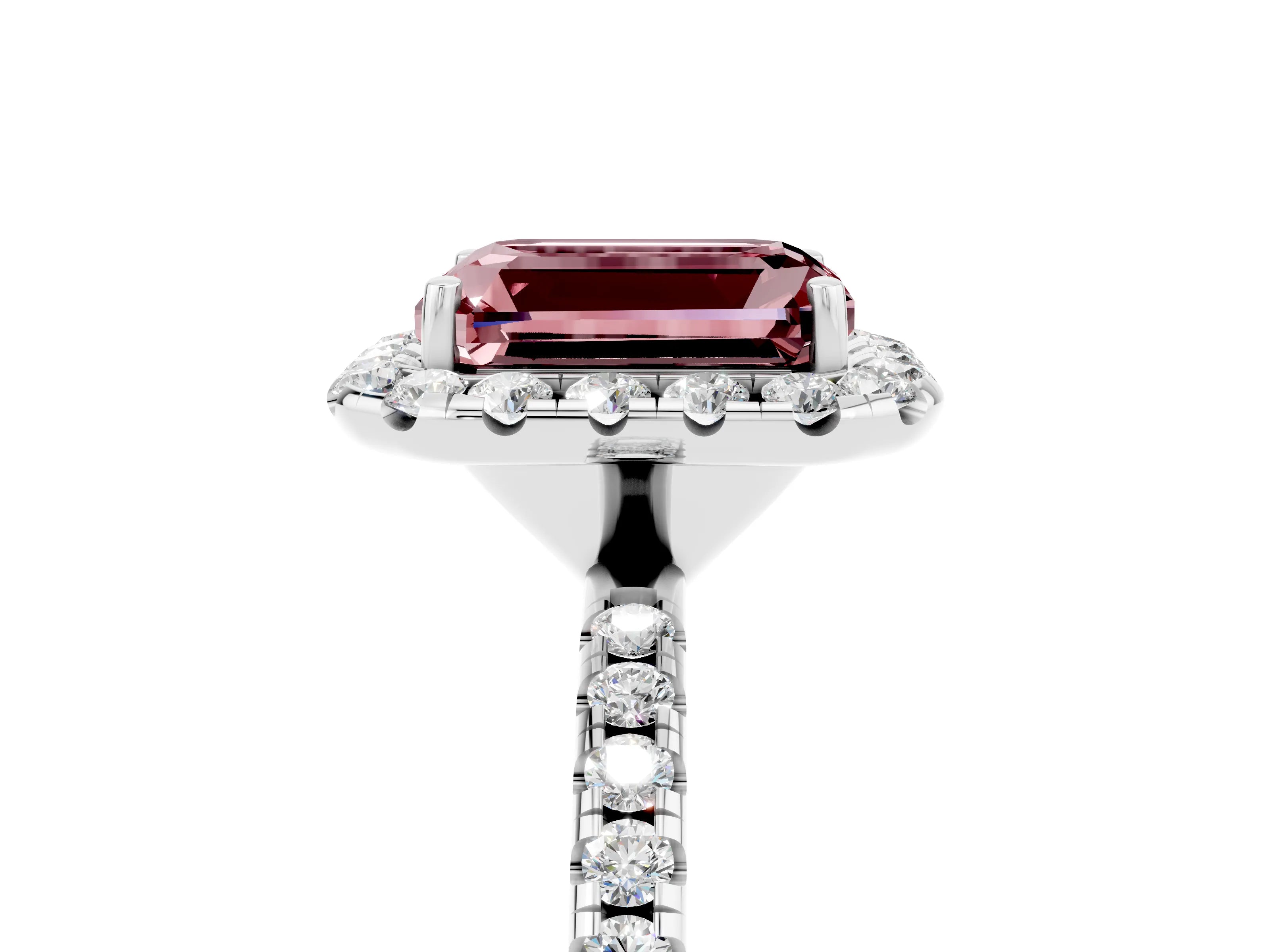White gold Emerald Cut Halo Round Diamond Pavé Band Four-Prong Ring_5