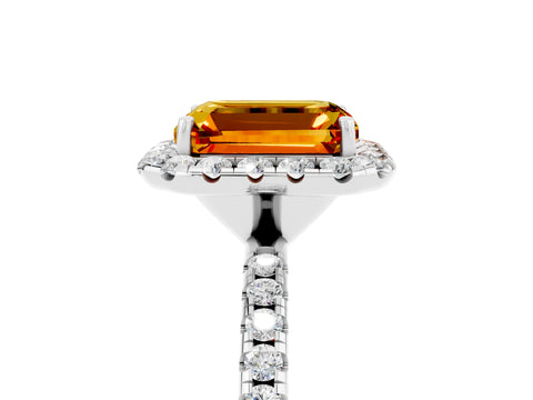 White gold Emerald Cut Halo Round Diamond Pavé Band Four-Prong Ring_5