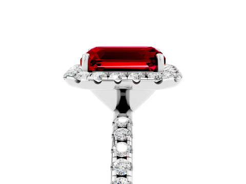White gold Emerald Cut Halo Round Diamond Pavé Band Four-Prong Ring_5